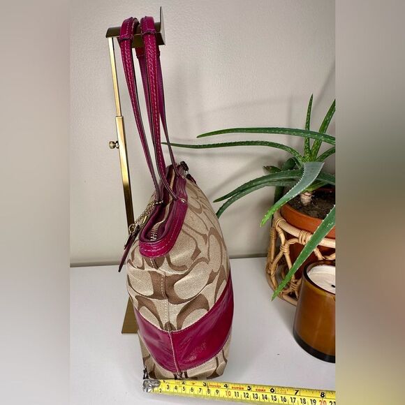 Coach Signature Stripe Tote Bag 12429 Fuchsia Pink Khaki Canvas Leather Y2K Bag - Picture 11 of 11